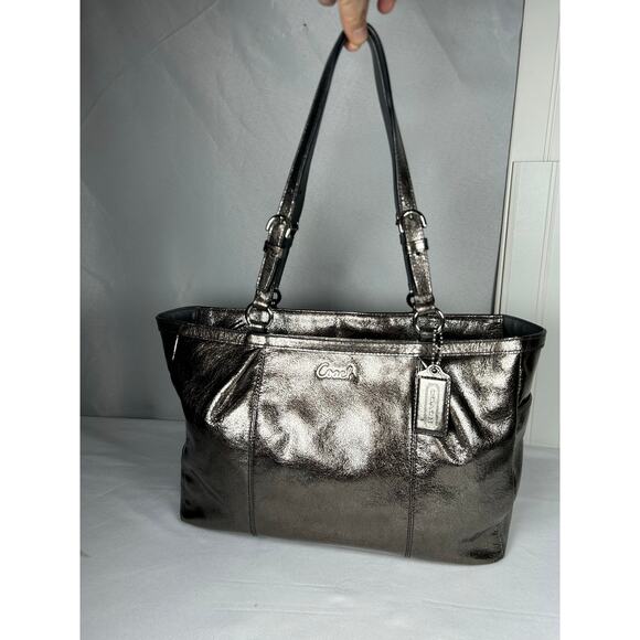 Coach Gallery F17721 Metallic Silver Leather Medium East West Tote Shoulder Bag - Picture 1 of 16